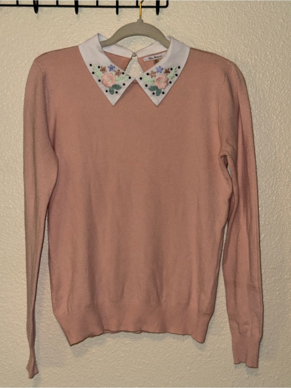 Vila Milano Peach Pink Collared Pullover Sweater Floral Embroidered Collar